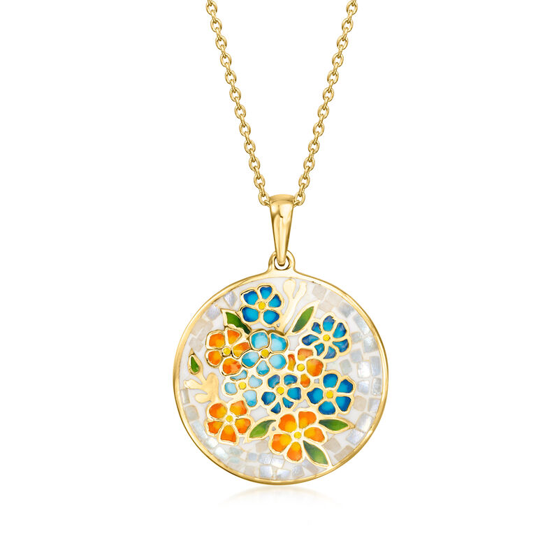 Moonstone and Multicolored Enamel Floral Mosaic Pendant Necklace in 18kt Gold Over Sterling. 18&quot; image number 0