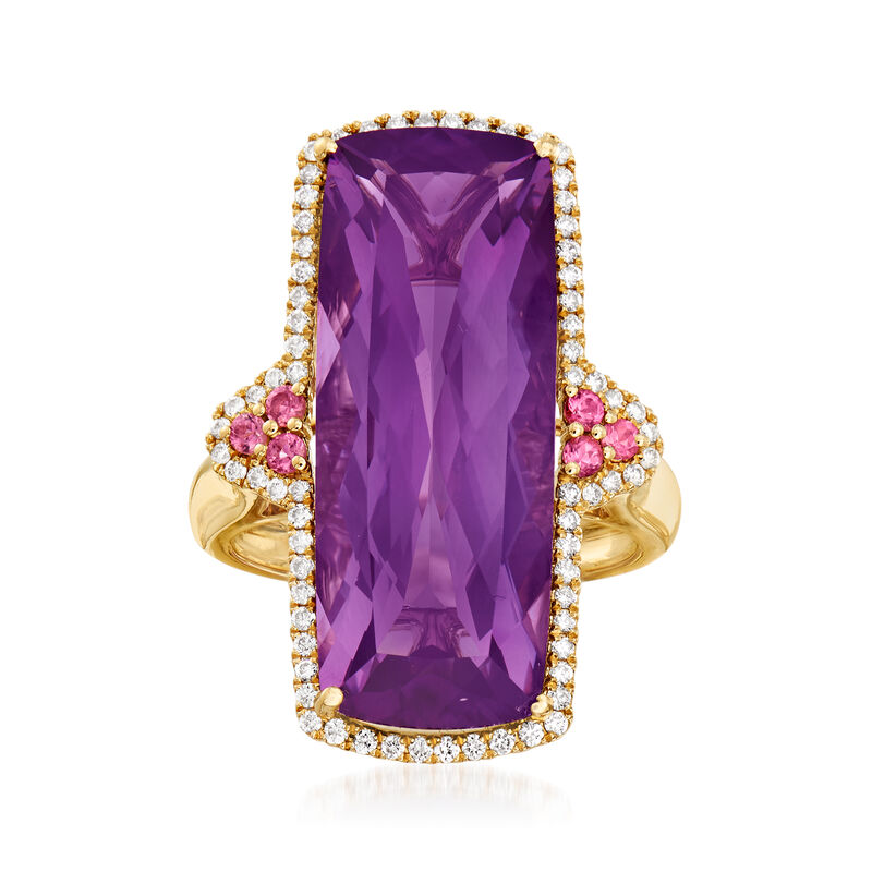 13.00 Carat Purple Amethyst and .36 ct. t.w. Diamond Ring with .10 ct. t.w. Pink Tourmaline in 14kt Yellow Gold image number 0