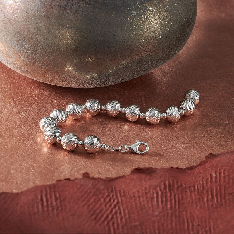 Italian 4mm and 10mm Sterling Silver Diamond-Cut and Polished Bead Bracelet image number 2