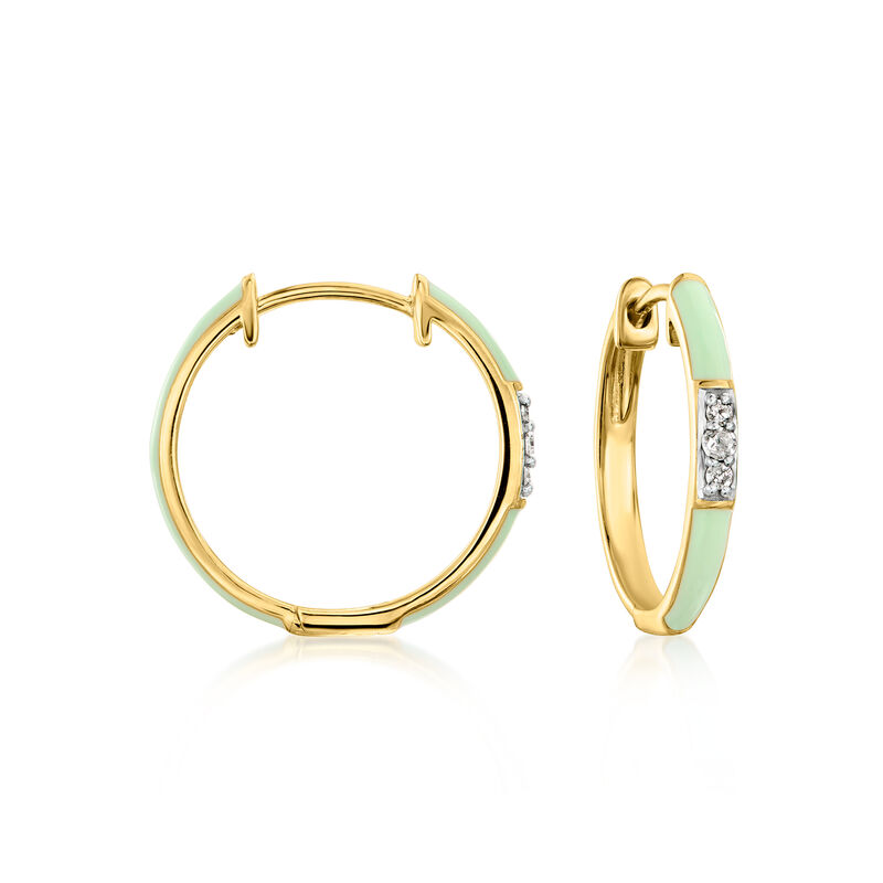 Pastel Green Enamel Hoop Earrings with Diamonds in 18kt Gold Over Sterling. 5/8" image number 0