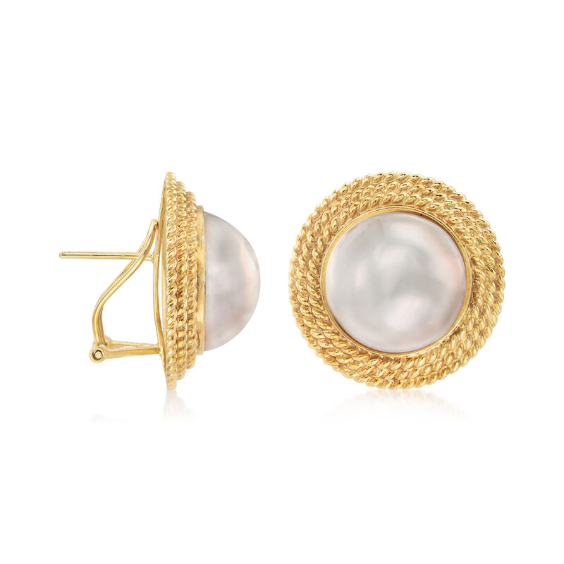 C. 1980 Vintage 15mm Cultured Mabe Pearl Roped-Frame Earrings in 14kt Yellow Gold image number 2