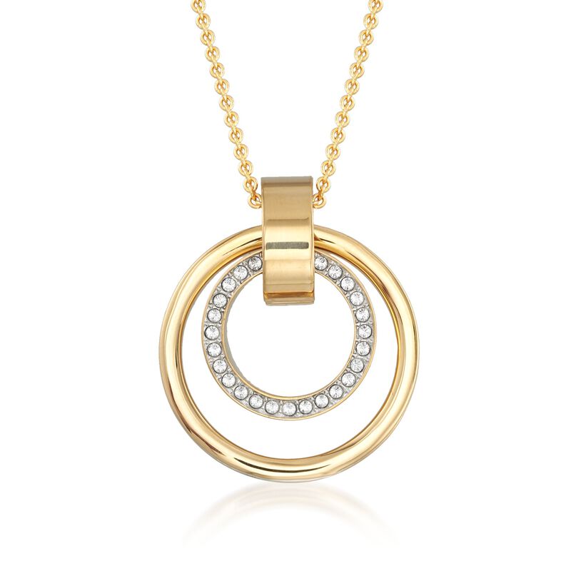 Swarovski Crystal &quot;Hollow&quot; Pave Crystal Medium Double Circle Pendant Necklace in Gold Plate image number 0