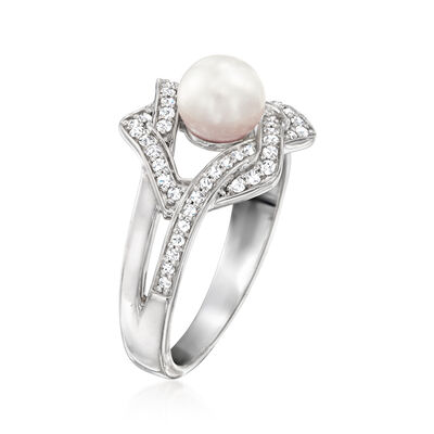 6-6.5mm Cultured Pearl and .25 ct. t.w. Diamond Interlocking Ring in Sterling Silver
