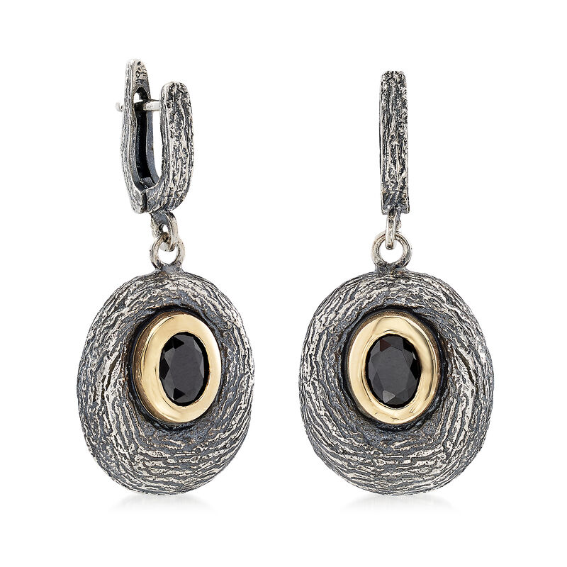 Black Onyx Drop Earrings in Sterling Silver and 14kt Yellow Gold  image number 2