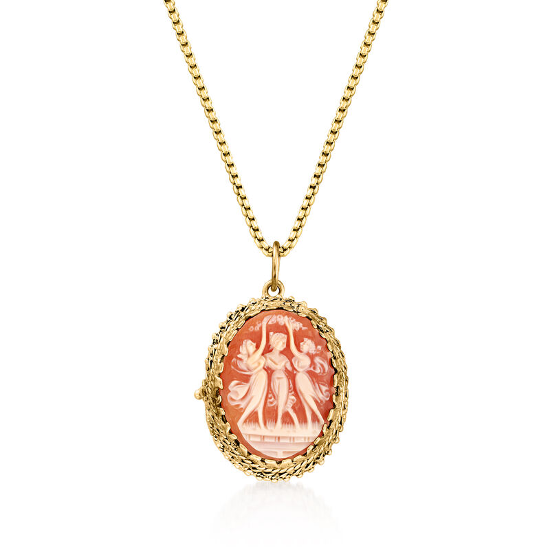 C. 1960 Vintage Orange Shell Three Graces Cameo Pill Box Pendant Necklace in 14kt Yellow Gold image number 0
