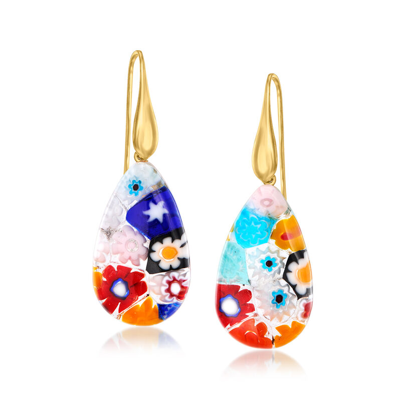 Italian Multicolored Millefiori Murano Glass Teardrop Earrings with 18kt Gold Over Sterling image number 0