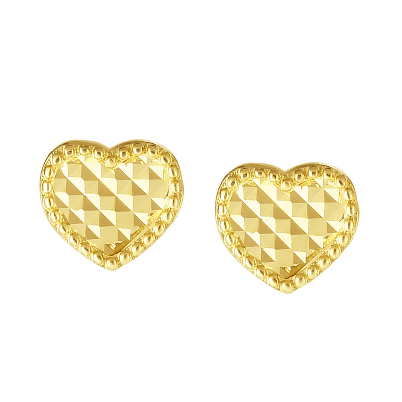 14kt Yellow Gold Checkered and Beaded Heart Earrings image number 0