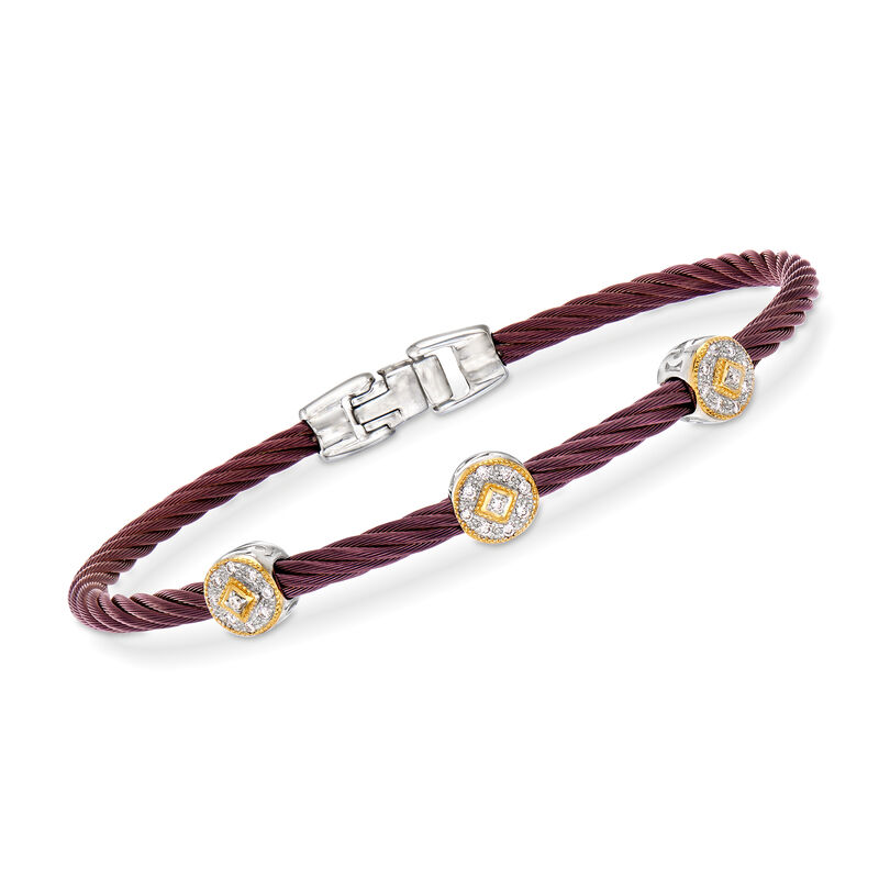 ALOR &quot;Shades of Alor&quot; .14 ct. t.w. Diamond Burgundy Stainless Steel Cable Bracelet with 18kt Yellow and White Gold. 7&quot; image number 0