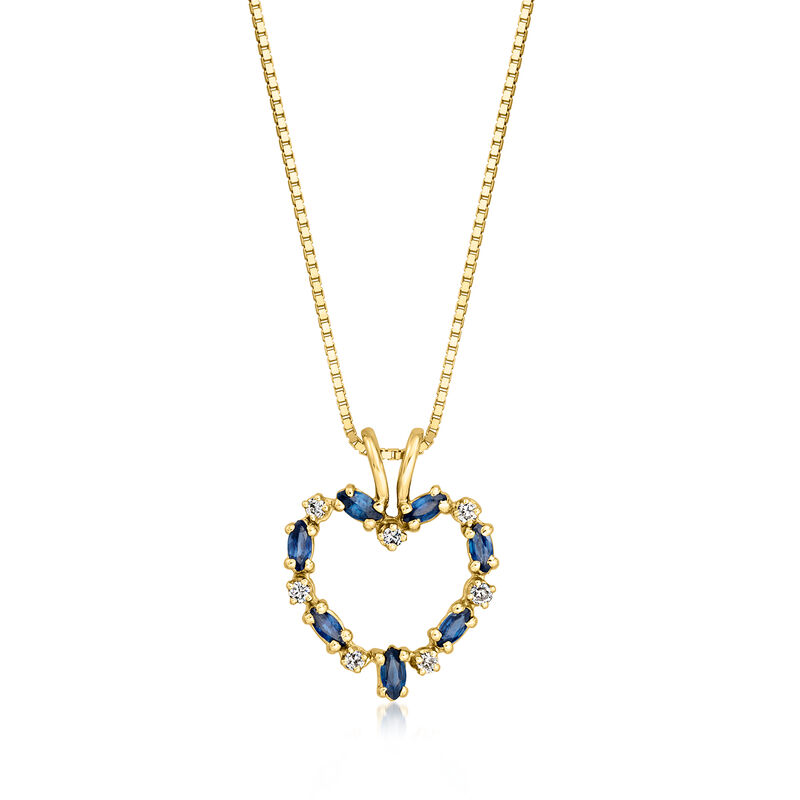 C. 1990 Vintage .55 ct. t.w. Sapphire and .18 ct. t.w. Diamond Heart Pendant Necklace in 14kt Yellow Gold. 18" image number 0