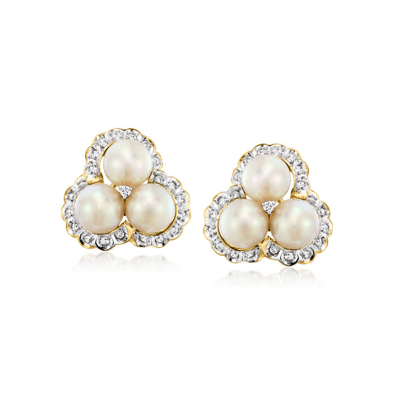 C. 1980 Vintage 6.5mm Cultured Pearl and .25 ct. t.w. Diamond Cluster Earrings in 14kt Yellow Gold  image number 0