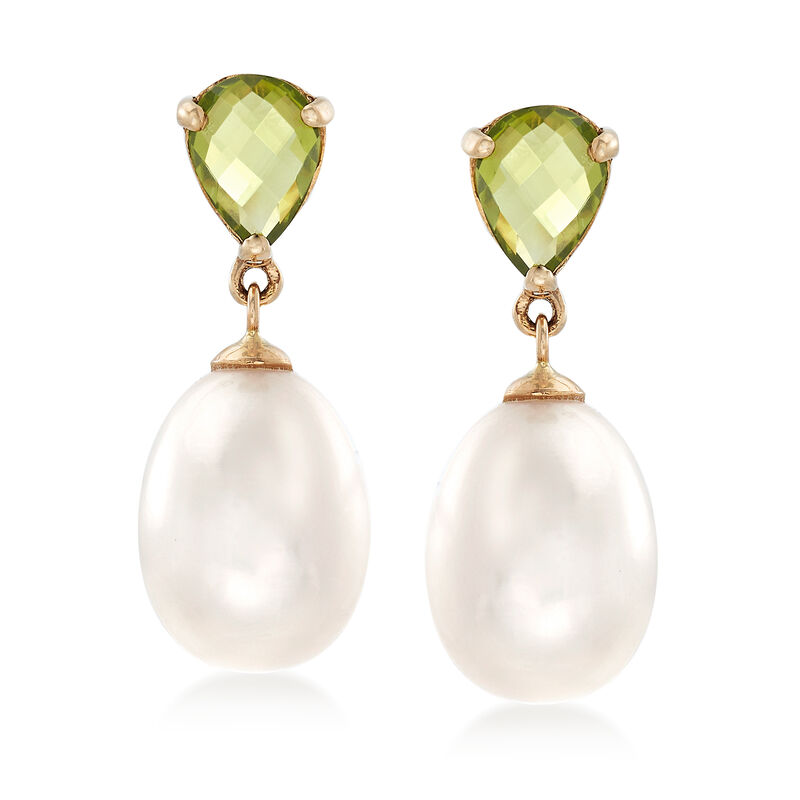 1.90 ct. t.w. Peridot and 10-10.5mm Cultured Pearl Drop Earrings in 14kt Yellow Gold  image number 0