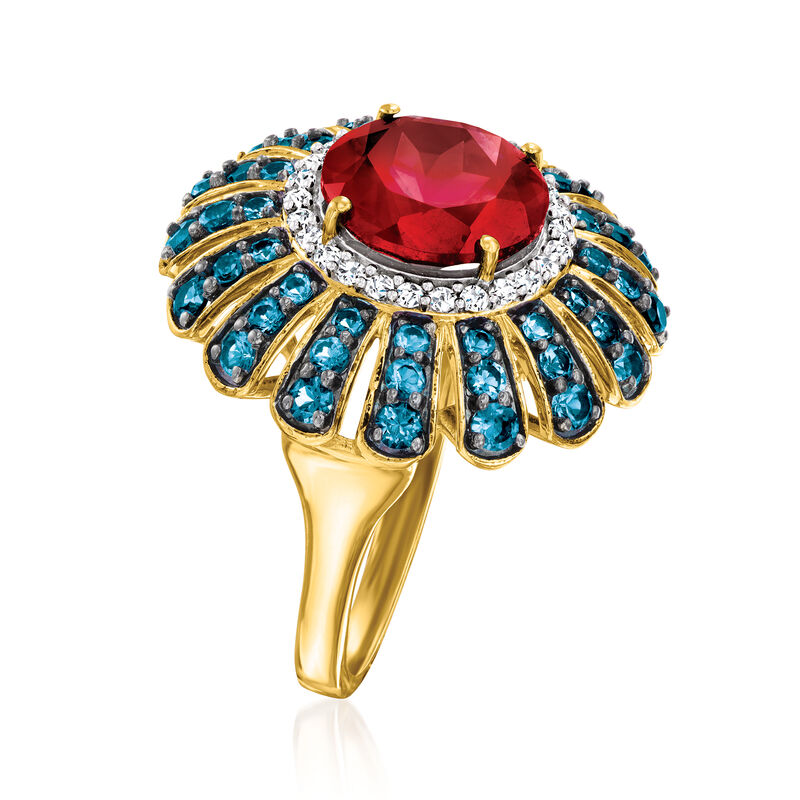 4.90 Carat Garnet and 1.60 ct. t.w. London Blue Topaz Ring with .40 ct. t.w. White Zircons in 18kt Gold Over Sterling image number 2
