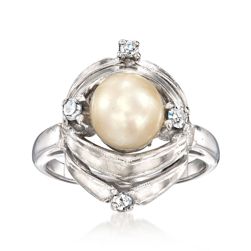 C. 1970 Vintage 7mm Cultured Pearl and .16 ct. t.w. Diamond Ring in 14kt White Gold. Size 5 image number 0