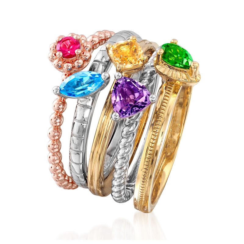 1.09 ct. t.w. Multi-Gemstone Stackable Jewelry Set: Five Rings in Sterling Silver and 18kt Yellow, White and Rose Gold Over Sterling image number 2