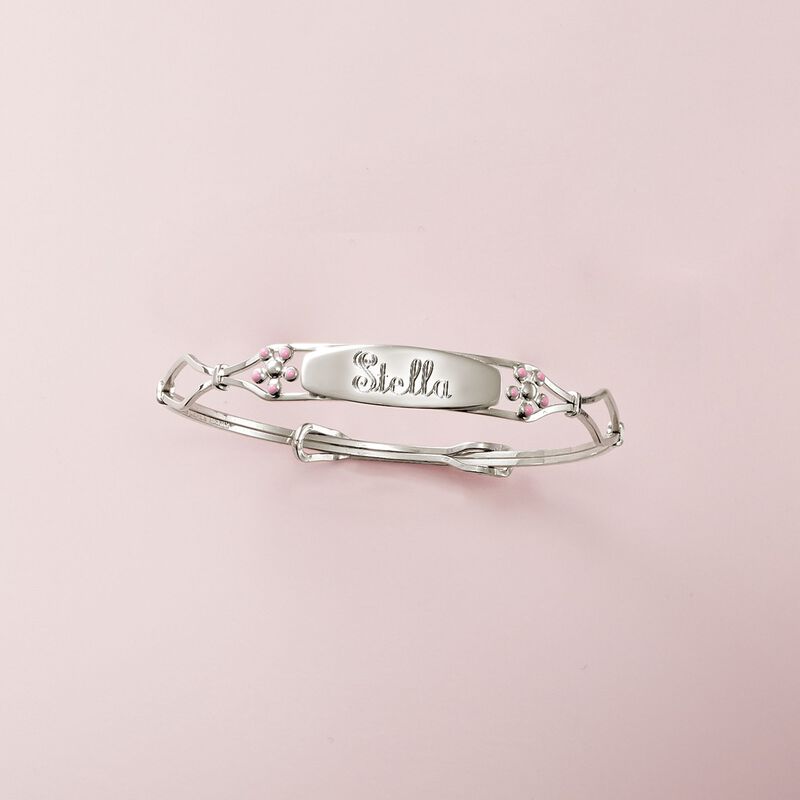 Child's Sterling Silver Personalized ID Bracelet with Pink Enamel Flowers image number 1