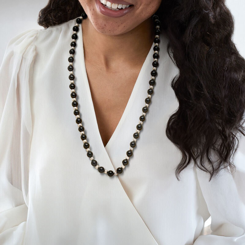 C. 1990 Vintage 9.9-10mm Onyx Bead Necklace with Sterling Silver image number 1