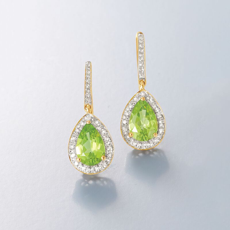 2.60 ct. t.w. Peridot and .20 ct. t.w. Diamond Drop Earrings in 14kt Yellow Gold image number 3