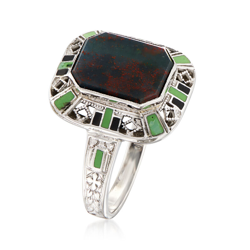 C. 1950 Vintage Red Bloodstone and Multicolored Enamel Ring in 14kt White Gold. Size 5.75 image number 2
