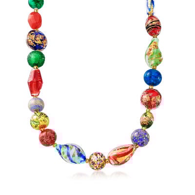 Italian Multicolored Murano Glass Bead Necklace with 18kt Gold Over Sterling