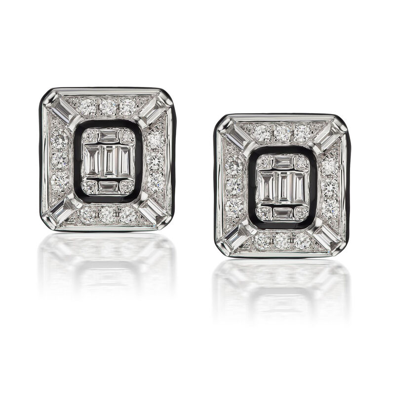 .76 ct. t.w. Round and Baguette Diamond Cluster Earrings in 18kt White Gold with Black Enamel image number 0