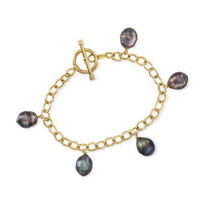 C. 1990 Vintage Cultured Black Semi-Baroque Pearl Charm Bracelet in 14kt Yellow Gold