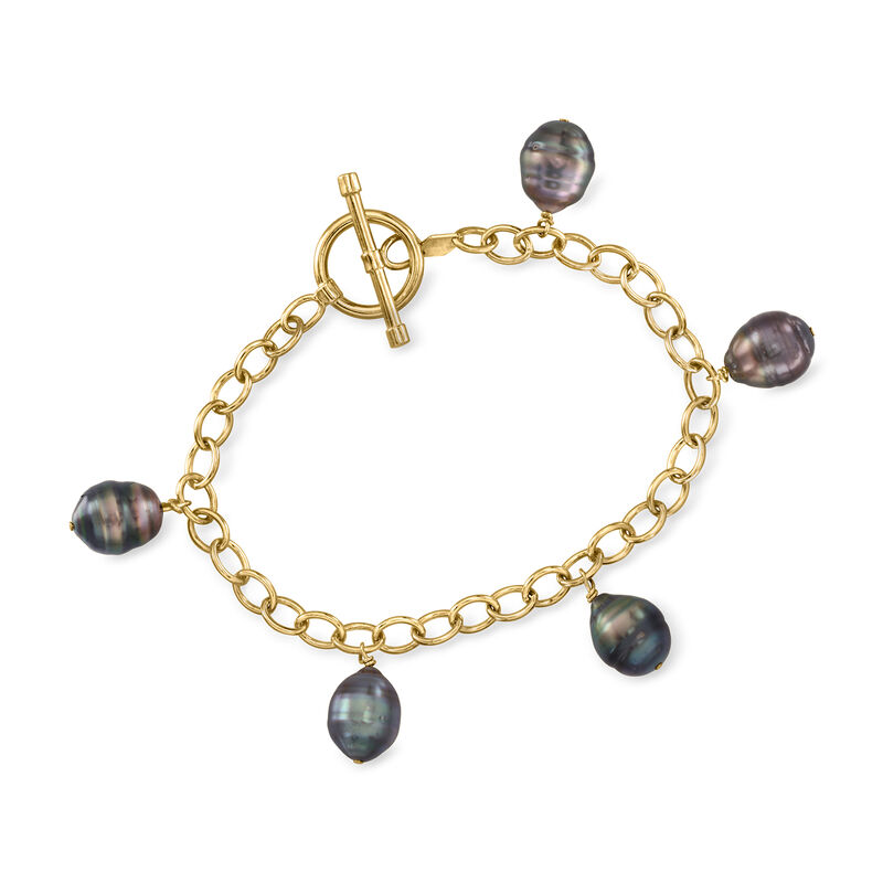 C. 1990 Vintage Cultured Black Semi-Baroque Pearl Charm Bracelet in 14kt Yellow Gold. 7.5" image number 0