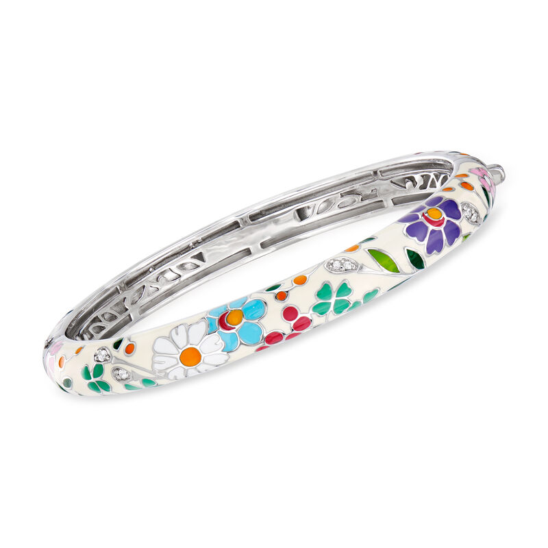 Belle Etoile &quot;Flower Garden&quot; Enamel and .15 ct. t.w. CZ Bangle Bracelet in Sterling Silver image number 0