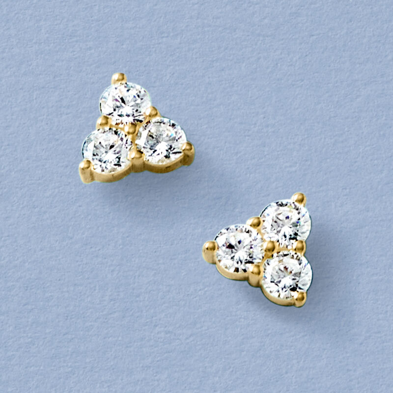 1.30 ct. t.w. CZ Three-Stone Earrings in 18kt Gold Over Sterling  image number 2