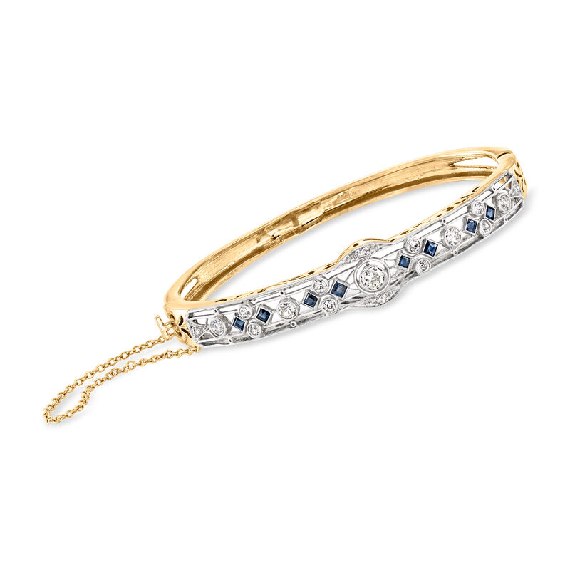 C. 1950 Vintage 1.05 ct. t.w. Diamond and .55 ct. t.w. Synthetic Sapphire Filigree Bangle Bracelet in Platinum and 14kt Yellow Gold. 7" image number 0