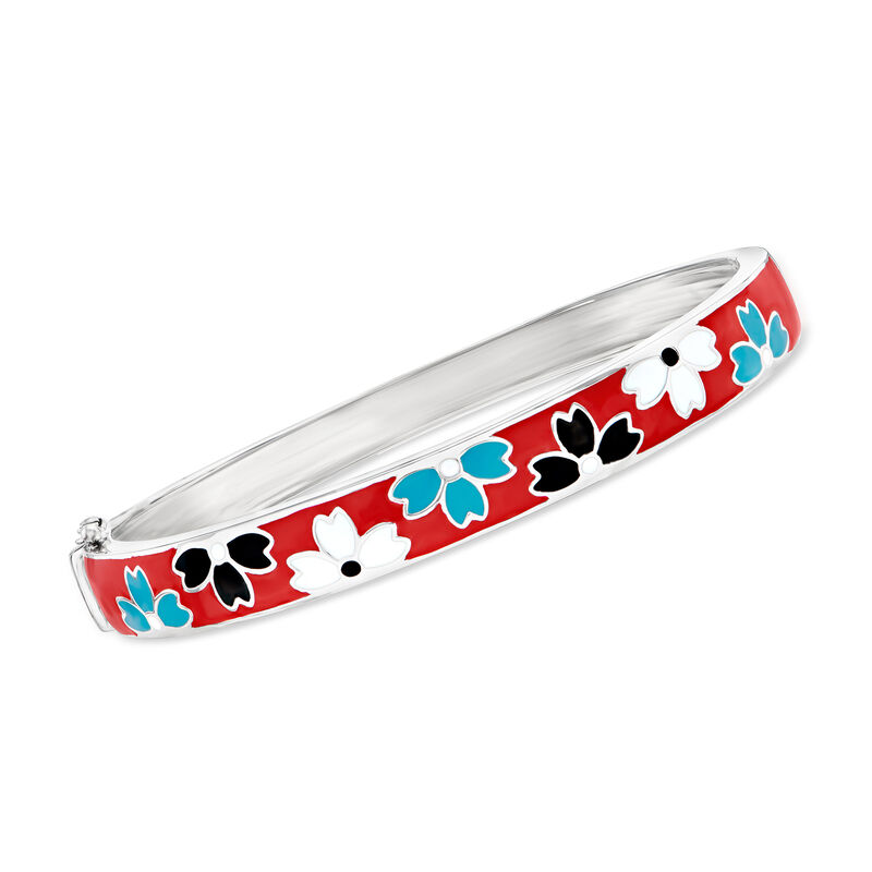 Multicolored Enamel Floral Bangle Bracelet in Sterling Silver image number 0