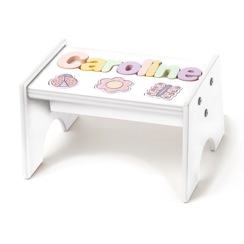 Child's Personalized Name Garden-Themed White Puzzle Stool - Pastel Colors  image number 0