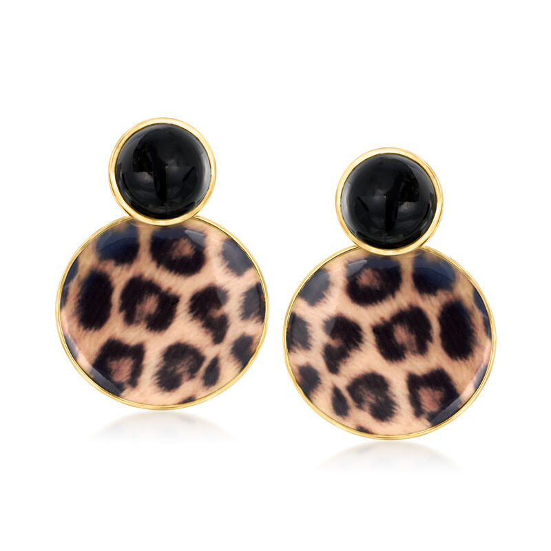 Onyx and Removable Leopard-Print Enamel Drop Earrings in 18kt Gold Over Sterling  image number 4