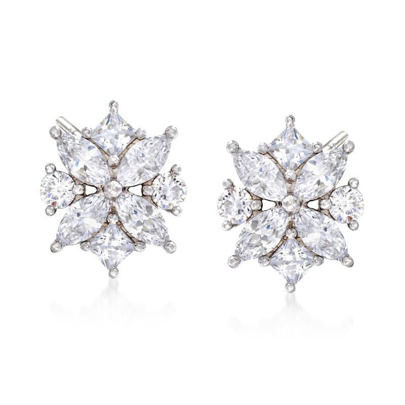 1.90 ct. t.w. Multi-Cut CZ Floral Earrings in Sterling Silver image number 0