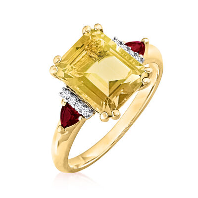3.10 Carat Citrine and .30 ct. t.w. Garnet Ring with Diamonds in 18kt Gold Over Sterling