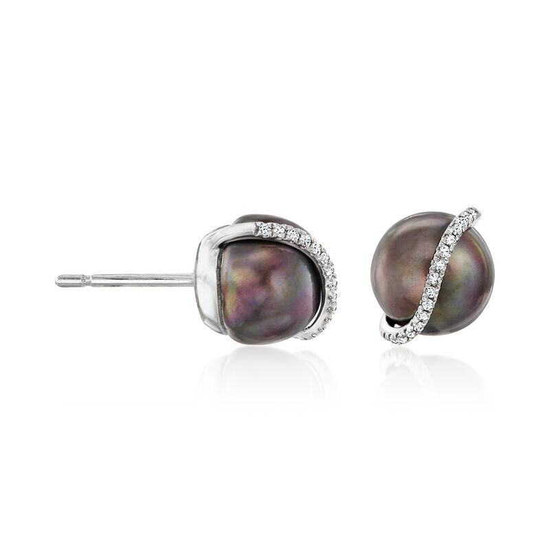 8-8.5mm Black Cultured Pearl and Diamond Swirl Earrings in Sterling Silver  image number 2