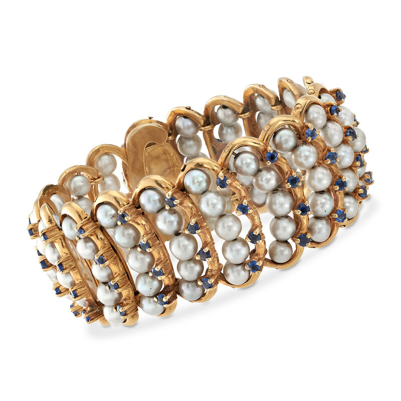 C. 1970 Vintage 5-5.5mm Cultured Pearl and 6.00 ct. t.w. Sapphire Bracelet in 14kt Yellow Gold image number 0