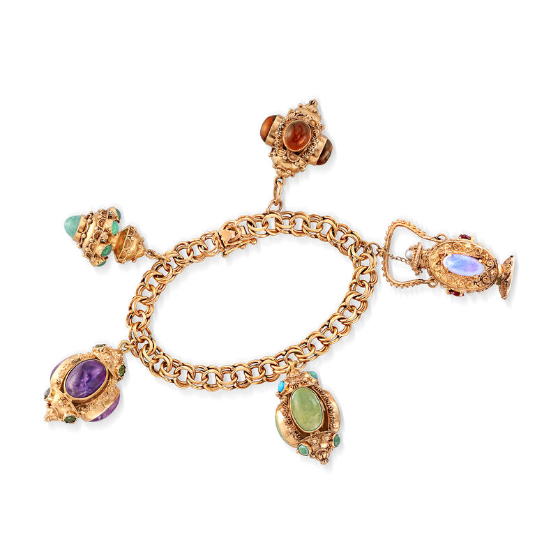 C. 1980 Vintage Multi-Stone Charm Bracelet in 14kt Yellow Gold. 7&quot; image number 0