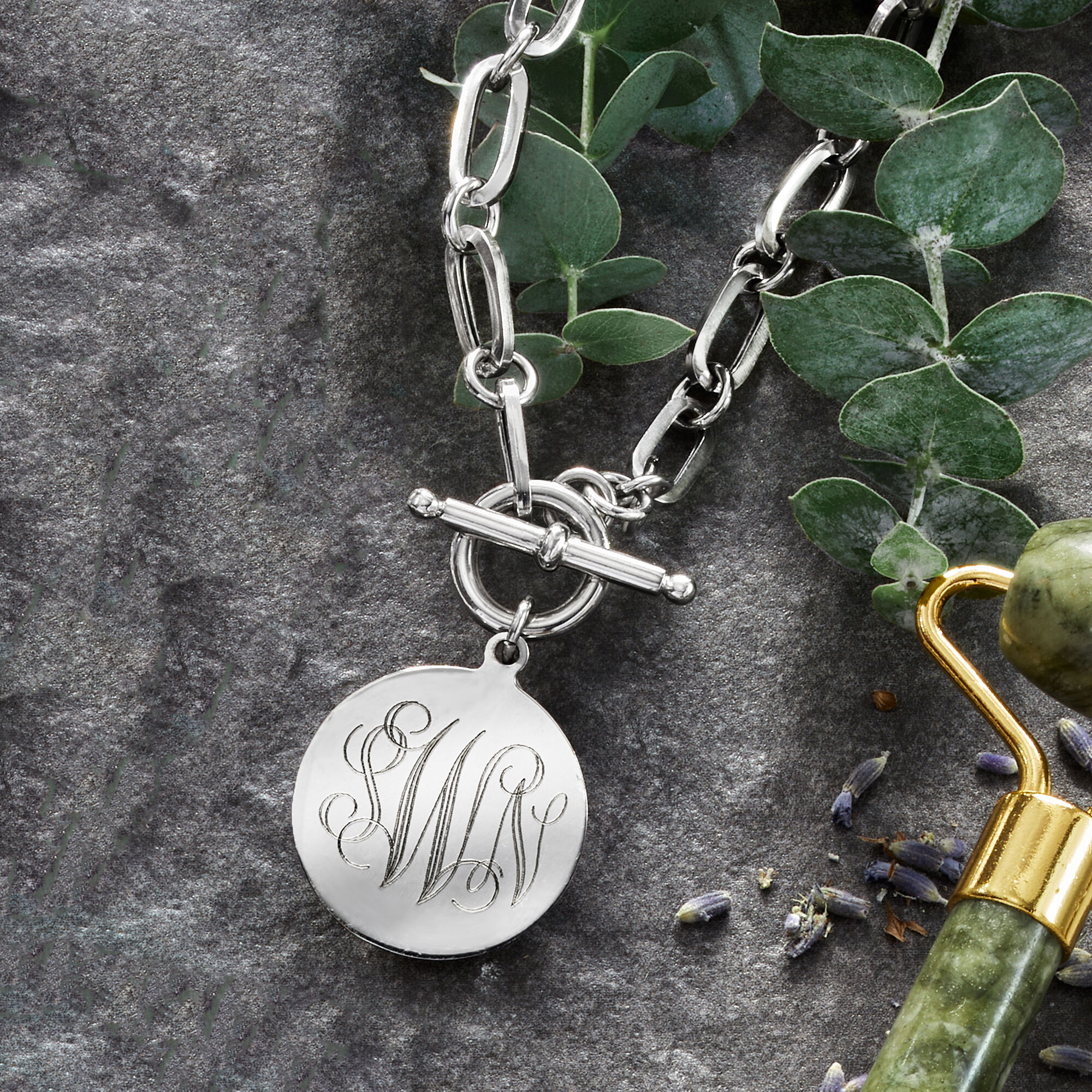 Italian Sterling Silver Personalized Paper Clip Link Disc Toggle Necklace