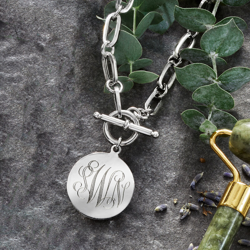Italian Sterling Silver Personalized Paper Clip Link Disc Toggle Necklace image number 4