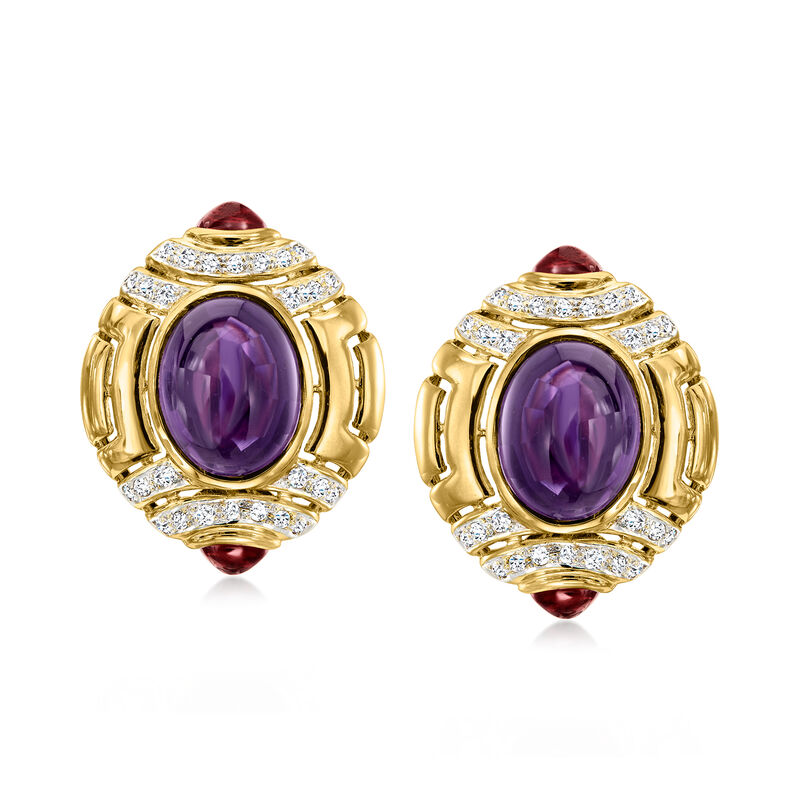 C. 1980 Vintage 28.00 ct. t.w. Amethyst Earrings with 4.00 ct. t.w. Garnets and 1.00 ct. t.w. Diamonds in 14kt Yellow Gold