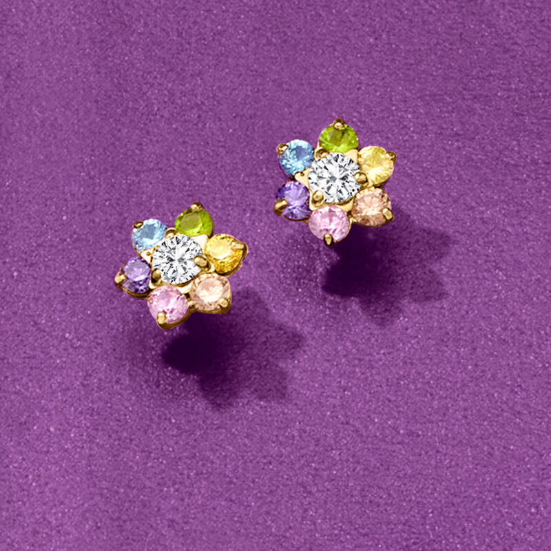 Child's .60 ct. t.w. Multicolored CZ Flower Earrings in 14kt Yellow Gold  image number 1