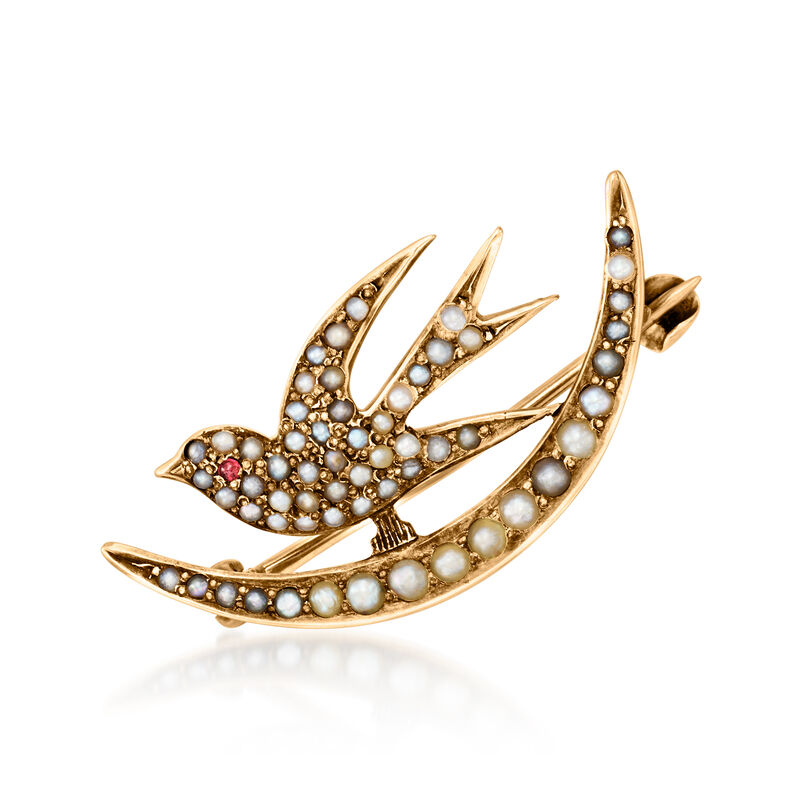 C. 1920 Vintage White Seed Pearl Dove Pin in 10kt Yellow Gold image number 0