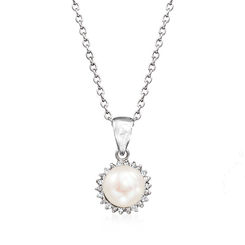7-7.5mm Cultured Pearl Pendant Necklace with Diamonds in Sterling Silver. 18&quot; image number 1