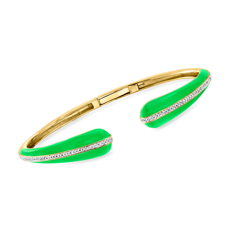 Green Enamel and .20 ct. t.w. Diamond Cuff Bracelet in 18kt Gold Over Sterling image number 0