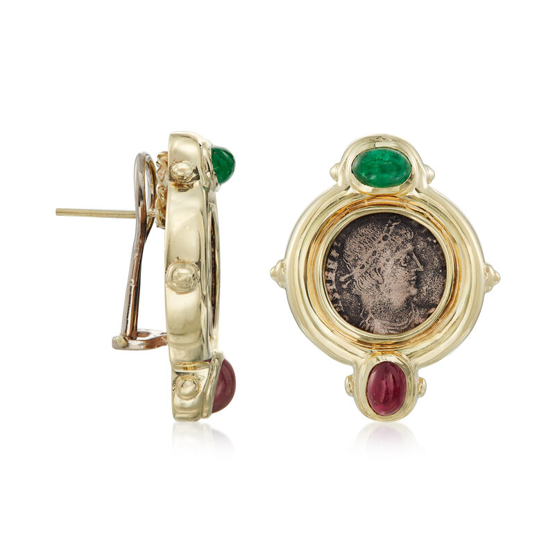 C. 1980 Vintage Sterling Silver Genuine Greek Coin Earrings with 1.10 ct. t.w. Rubies and .70 ct. t.w. Emeralds in 14kt Yellow Gold