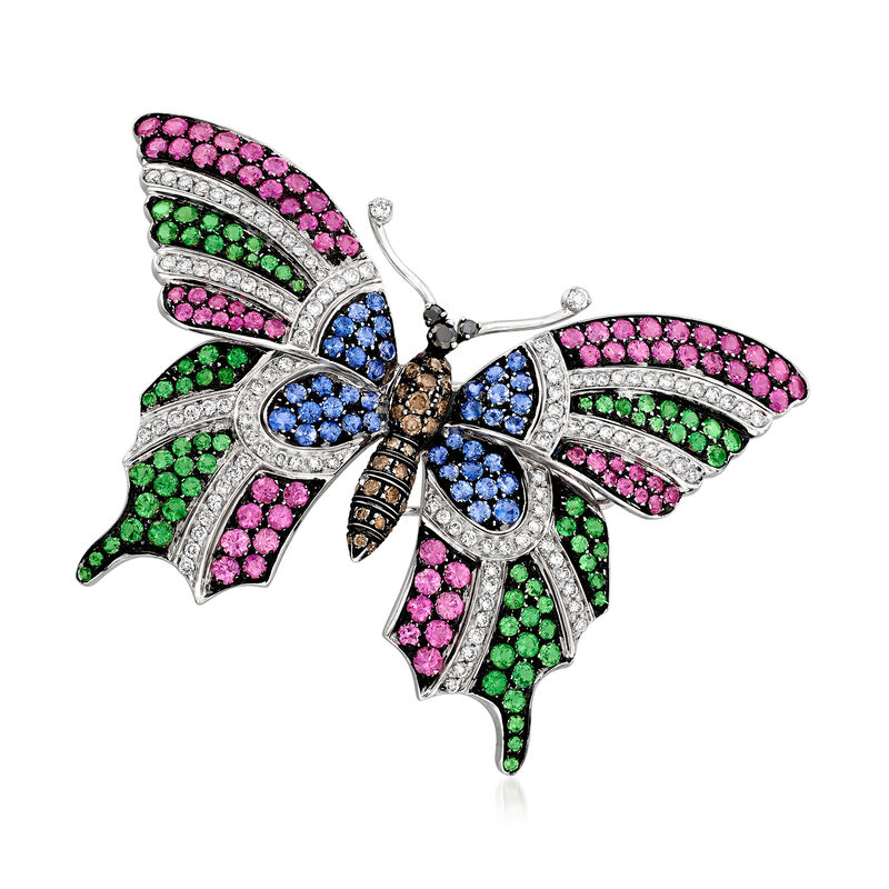 C. 1980 Vintage Multicolored 2.27 ct. t.w. Diamond and 9.85 ct. t.w. Multi-Gem Butterfly Pin in 18kt White Gold image number 0