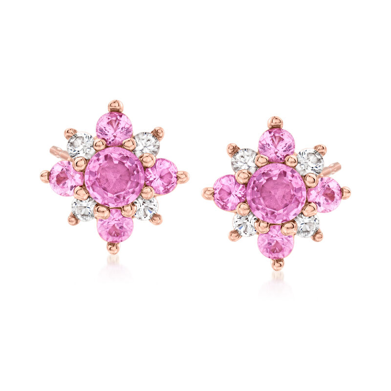 1.60 ct. t.w. Pink and White Sapphire Flower Earrings in 14kt Rose Gold  image number 0