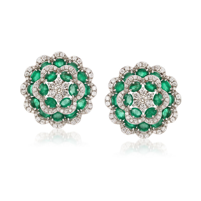 6.20 ct. t.w. Emerald and 1.90 ct. t.w. Diamond Flower Earrings in 18kt White Gold image number 0