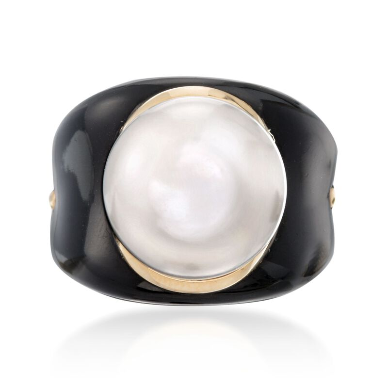 13.5mm Cultured Pearl and Black Agate Ring in 14kt Yellow Gold. Size 5 image number 0