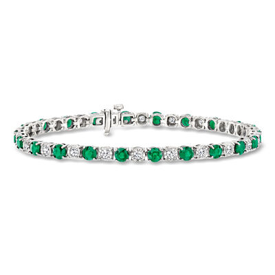 4.10 ct. t.w. Emerald and 1.00 ct. t.w. Diamond Tennis Bracelet in Sterling Silver